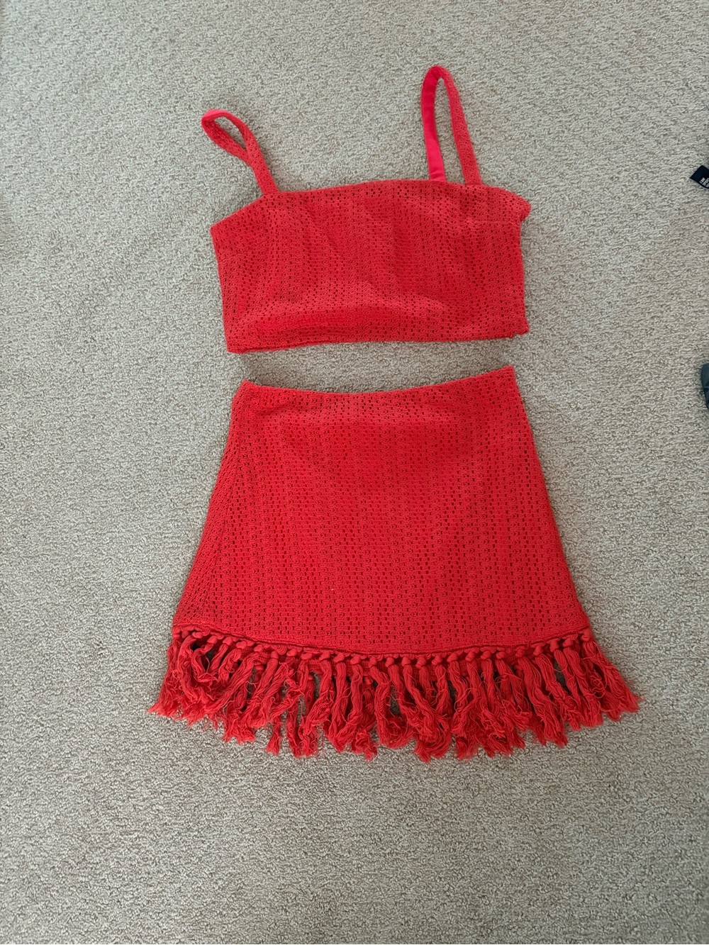 Lulu's Red Crochet Crop Top & Fringe Skirt Set
